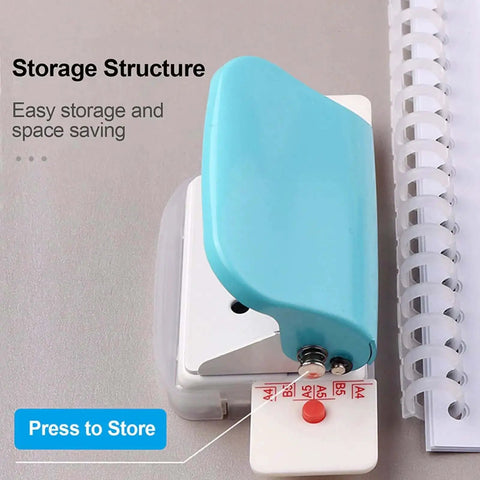 Blue six hole loose-leaf paper puncher shown compactly stored, suitable for A4 A5 B5 notebooks and scrapbooks, presses up to five sheets.
