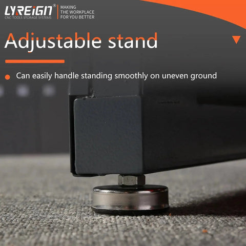 Adjustable stand of the 8 Row Large Capacity CNC Tool Holder Rack And Storage Cabinet And Storage System For Workshop Shop Floor Mechanic Garage.