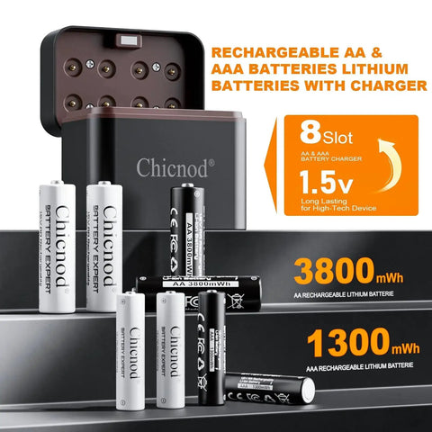 Rechargeable AA And AAA Lithium Batteries 8 Slot Charger 3800mWh with batteries and USB-C compatibility on display