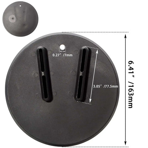 Black round Jiffy Stand Coasters Kickstand Pad For Harley All Motorcycles with dimensions and slots for stopping kickstand sinking.
