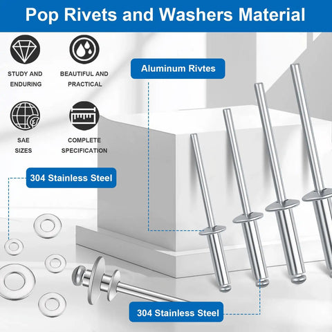 All In One Pop Rivet Kit With 1001 Pieces Rivets And Stainless Washers In Portable Toolbox For Metal Auto Furniture And Instrument Repairs Smseace Ideal For Diy Projects showing aluminum rivets and 304 stainless steel washers.