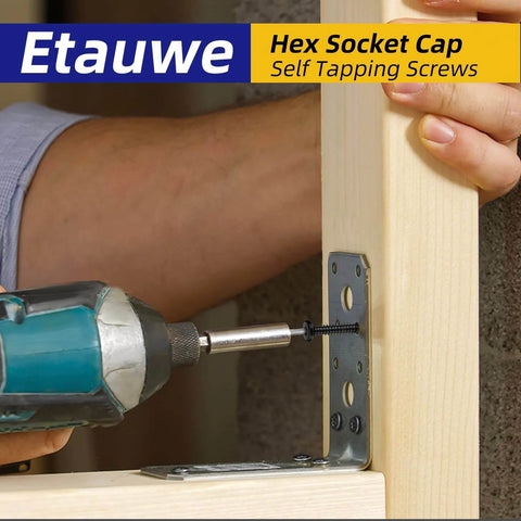 Person using a drill to install 100 Piece M3 10mm Black Self Tapping Screws in 304 Stainless Steel Flat Head Hex Socket Cap Screws on wood frame
