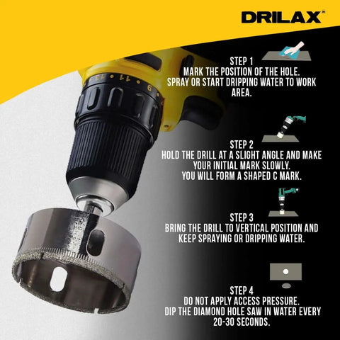 Premium Diamond Hole Saw Two And Three Quarters Inch Core Drill Bit attached to a drill, shown with usage instructions for tile, glass, granite, and porcelain.