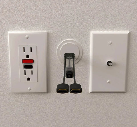 Installed 2 Pack Patented White Self Securing Cable Grommet With Cap Slider Tool Free Locking Cable Management For Walls