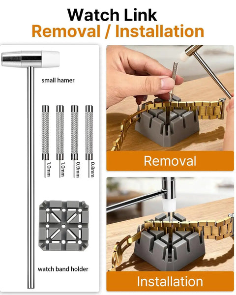 Go To All In One Watch Band Repair Kit With Link Remover And Spring Bar Tools Pro Grade Set Includes 108 Spring Bars 20 Link Pins Replacement Punches Hammer Cleaning Cloth and Easy Strap Resize for any size includes small hammer and watch band holder visible during removal and installation.