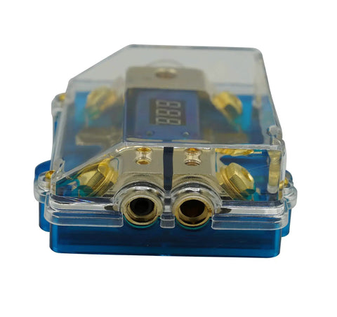 Front view of 300A ANL Dual Digital Gold Plated Distribution Block Fuse Holder For Car Audio With Digital Voltmeter Display