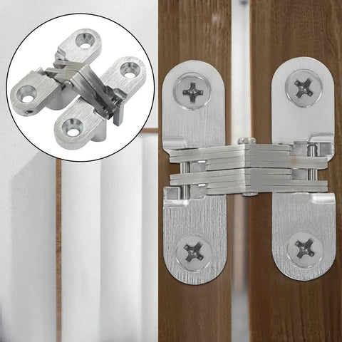 4 Pack Hidden Hinges, 1.77 Inch Stainless Steel Cross Invisible Swing Hinges installed on a wooden kitchen cabinet door