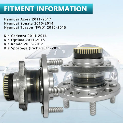 Rear Wheel Bearing Hub Assembly Replacement Kit 2Pcs For Hyundai Azera Sonata Tucson Kia Cadenza Optima Rondo Sportage 512437 52730-3S200 Fits 2010 2017 Hyundai And 2011 2016 Kia Models with fitment information.