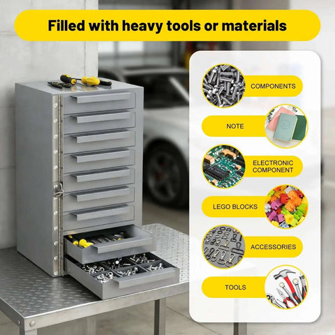 Gray Metal Tool Storage Cabinet With 9 Drawers With Dividers, All Welded Steel Construction For Rugged Durability, filled with tools