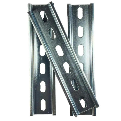 3 Piece DIN Rail Slotted Steel Zinc Plated RoHS Compliant Mounting Rail 6 Inch Length 35mm Wide 7.5mm High Silver Finish Center Slot Design
