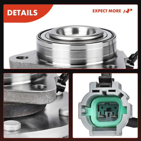 Close-up of Front Wheel Bearing And Hub Assembly With ABS For 6 Lug SUVs Fits Nissan Armada, Infiniti QX56, showing details and connector