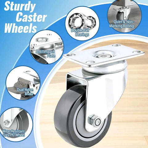 3 Inch Swivel Caster Wheels Set Of 4 With Grey PU Wheels 360 Degree Rotation Double Steel Bearings displayed with features