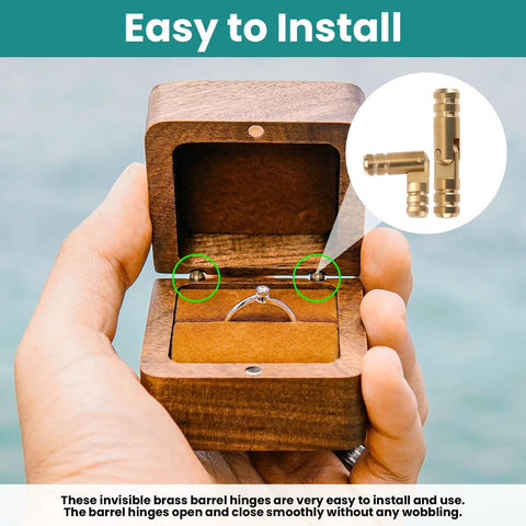 Hand holding wooden box with installed 25 Pcs Small Brass Barrel Hinges for Wooden Boxes 135 Degree Folding Mini Hidden Cylinder Hinges for DIY Crafts Jewelry Boxes and Wooden Cases 0.16 x 0.79 In.
