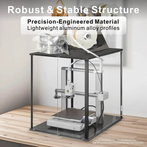 3D Printer Enclosure For Bambu Lab A1 With Fume And Odor Control, featuring black frame and clear panels on a wooden table.