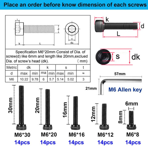 Pro Grade 70 Piece 12.9 Alloy Steel Hex Socket Head Cap Screws Set M6 With 8, 12, 16, 20, 30 Mm Lengths, Allen Head Hex Drive diagrams