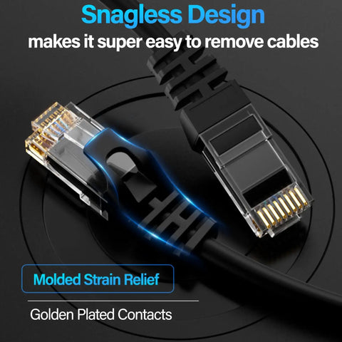 Close-up of 10Gbps Cat6 Ethernet Cable 75 Ft UTP Bare Copper Network Cable with gold-plated contacts and snagless design.