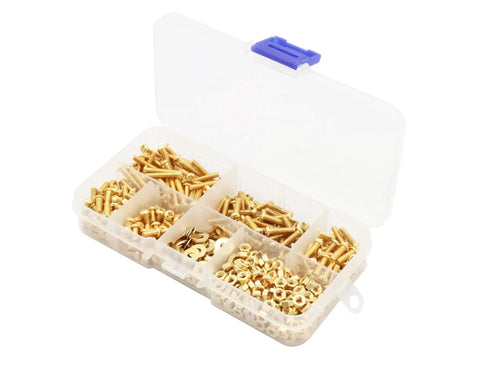 Copper Yellow M3 Machine Screws Assortment Kit With Nuts And Flat Washers, 600 Pieces, Five Lengths 6 8 10 12 16mm, plastic case