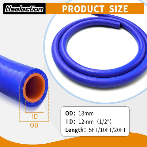 Blue silicone heater hose with orange inner lining; 1/2 in ID, 18mm OD, reinforced high-temp coolant line, 5 ft.