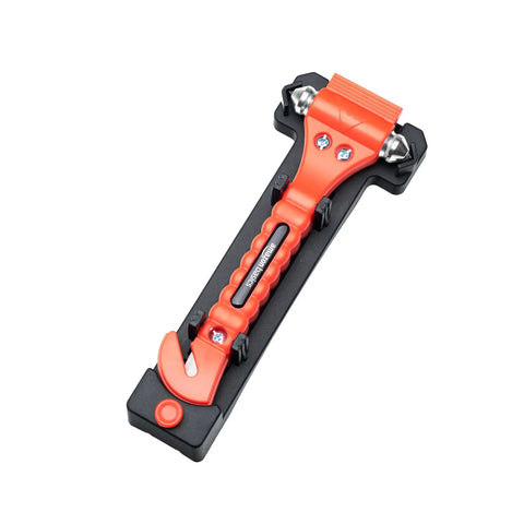 Emergency Escape Tool Kit With Window Breaker And Seatbelt Cutter For Cars Bright Orange Safety Hammer In Protective Bracket 2 Pack Tungsten Head Non Slip Grip SW-835 mounted in black bracket, showcasing bright orange handle and dual heads.