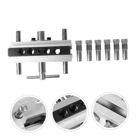 Self Centering Dowel Jig For Woodworking And Furniture Making, Handy Drill Locator With Six Hardened Steel Bushings shown.