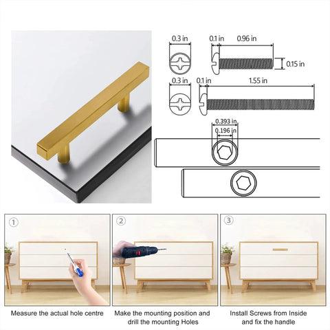 Gold Stainless Steel Cabinet Pulls Square Drawer Handles Set Of 2 127 Mm Long 12 Mm Wide 35 Mm High With 76 Mm 3 Inch Hole Centers