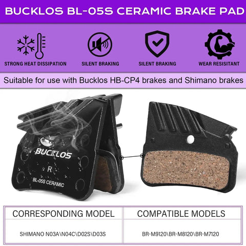 Front view of Bucklos BL-05S ceramic brake pad pair for MTB hydraulic discs; black housing with brown friction material