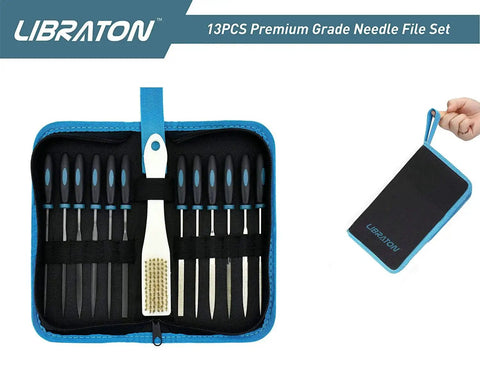 Small Diamond Needle File Set 13Pcs For Metal Wood Carving With Brush And Case displayed in open and closed views