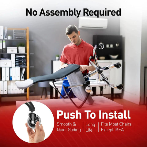 Heavy Duty Office Chair Caster Wheels Set Of 5 For Easy Installation 3 Inch Replacement in use, worker attaching wheels, office background
