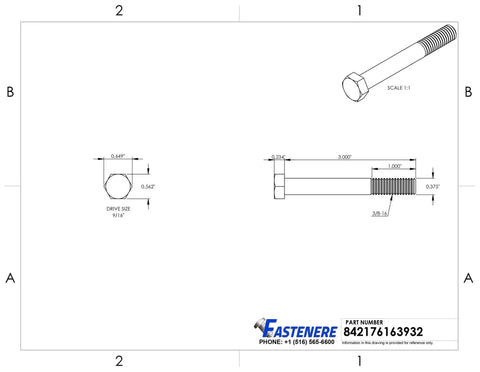Technical drawing of Beefy Three Eighths Inch Hex Head Cap Screws With External Hex Drive Stainless Steel 304 Partially Threaded Bolts.