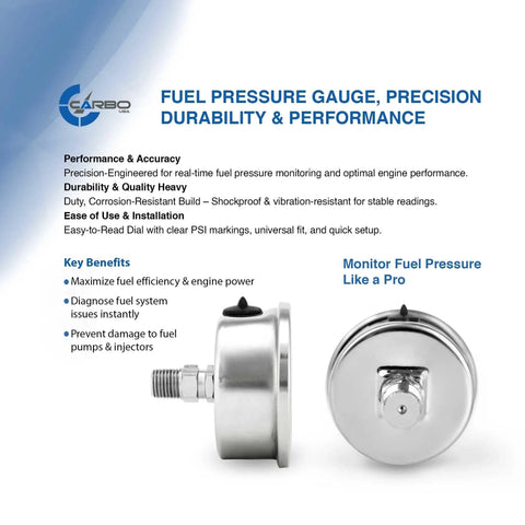 Side and back view of Heavy Duty Fuel Pressure Gauge for Vessels and Automotive Lines, 1 1/2 Inch Dial, 0 to 30 Psi, Stainless Steel 304.