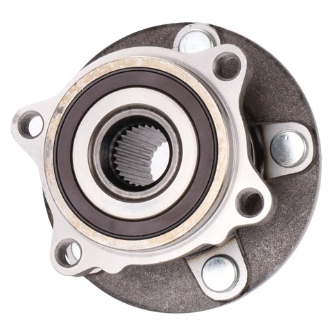 Front view of a rear wheel bearing and hub assembly fits 2008-2012 Lancer, 2007-2012 Outlander, 2011-2012 Outlander Sport, 2011 RVR 5 lug with ABS pre greased and pre sealed OE replacement from ISO TS 16949 certified factories.