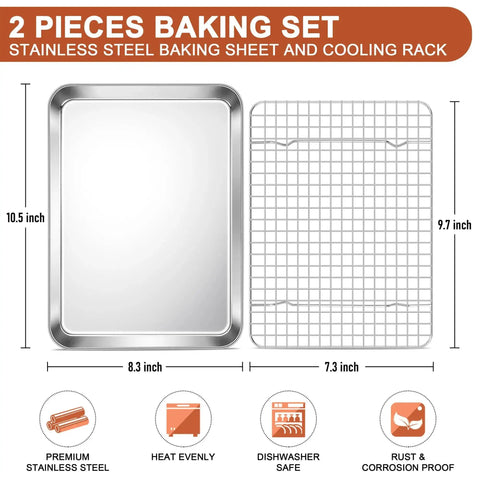 Stainless Steel Baking Sheet With Wire Rack For Toaster Oven, 10.5 By 8.3 Inches, Non Toxic And Dishwasher Safe, Rust Proof Cooking Tray