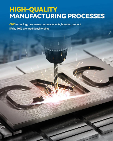 CNC machine drilling metal plate with sparks, showcasing high-quality manufacturing processes.