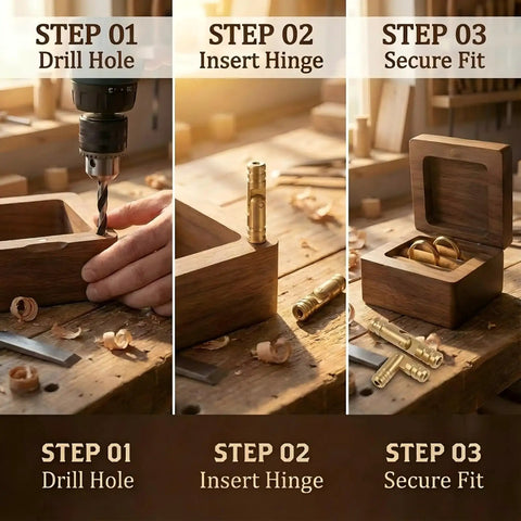 40 Pcs Mini Brass Barrel Hinges For Wooden Boxes, installation steps showing drilling, inserting, and securing hinges
