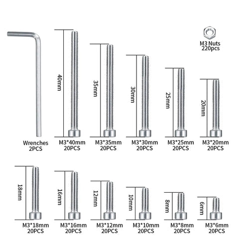 M3 Stainless Steel Screw And Nut Assortment Kit 440 Pcs Hex Socket Head Cap Screws with wrenches and nuts, various sizes visible.