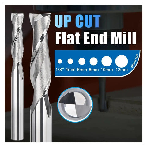 Ten Piece Set Two Flute Carbide End Mills With One Eighth Inch Shank For CNC Machining Wood PVC MDF Includes Cutting Diameters