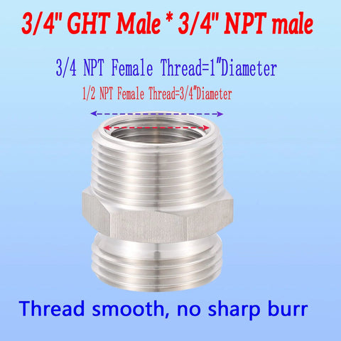 304 stainless steel garden hose adapter with 3/4" GHT male and 3/4" NPT male threads