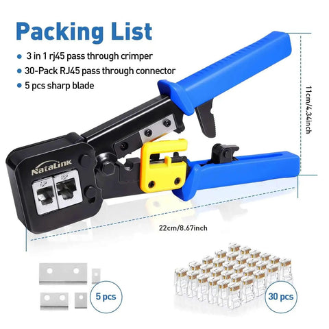 Pass Through RJ45 Crimp Tool Kit All In One Ethernet Crimper For Cat 6 Cat 5e Cat 5 with 30 connectors and replacement blades shown.