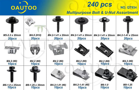 240-Piece Body Bolts And U-Nuts Kit For GM Ford Chrysler with multiple bolt and nut sizes displayed