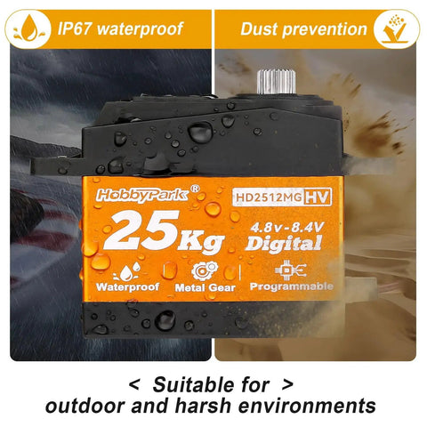 HobbyPark 25kg waterproof RC servo with metal gears, orange housing, front view.