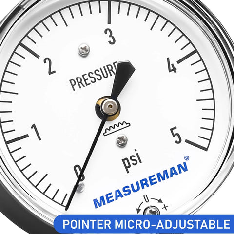 MEASUREMAN diaphragm-type capsule low-pressure gauge with 3/4 in FNPT, 2.5 in dial, adjustable, 0–5 psi