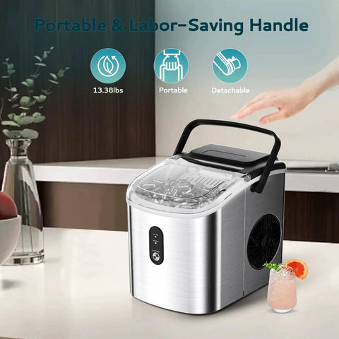 Front view of Portable Countertop Ice Maker With Carry Handle 9 Cubes In 6 Minutes Auto Clean on a kitchen countertop