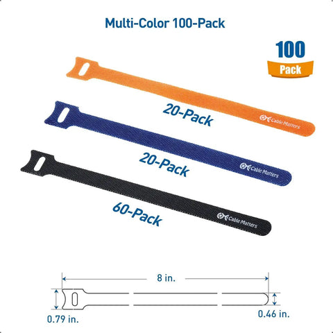 100 Pack 8 Inch Hook And Loop Reusable Cable Ties With 42 Lb Tensile Strength Multi Color Black Blue And Orange For Easy Cable Management Zero Hassle Setup For Desk Or Home Office And Tech Gear