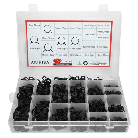 350 Piece Spring Hose Clamp Set 6 To 19 Mm Range 65Mn Spring Steel Dacromet Coated Fuel Line Clamps organized in box