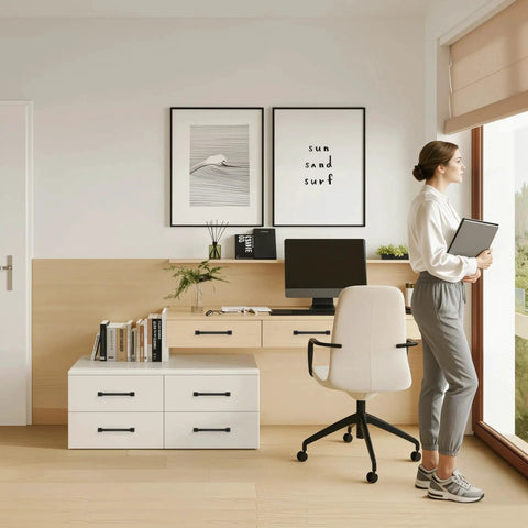 Home office with desk featuring matte black cabinet handles, modern decor, computer, and chair.