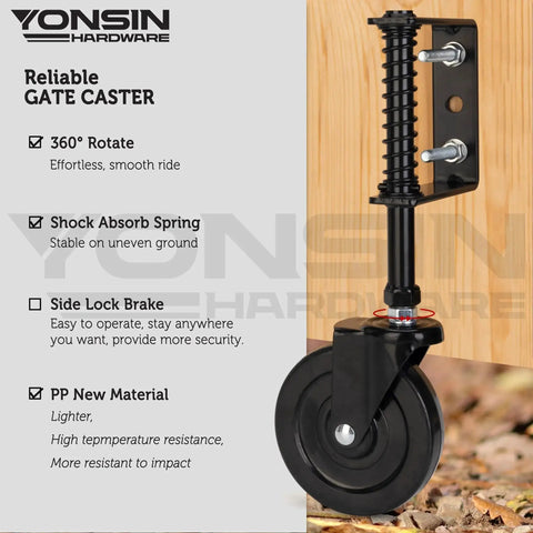 Heavy Duty Spring Loaded Gate Caster With 4 Inch Wheels, 360 Swivel Drag Wheels For Wooden And Metal Gates, Anti Sag Kit, 200 Lb Capacity, Pack Of 2, Black Durable Construction, Adjustable Spring Tension, Easy Installation On Wooden And Metal Gates