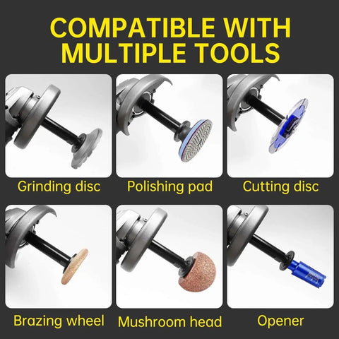 Angle Grinder Attachments Kit With 3 Extension Rods Three Inch Four Inch And Five Point Five Inch Plus Four Nut Sets And Two Spanner Wrenches Five Eighth Inch Eleven Thread Fits DeWalt Milwaukee Makita Bosch Grinders showing tool compatibility.