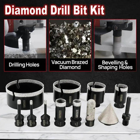 Tile Hole Saw Kit Pro Grade Diamond Core Drill Bits Set With Nine Diamond Bits for drilling and shaping tile, marble, granite.