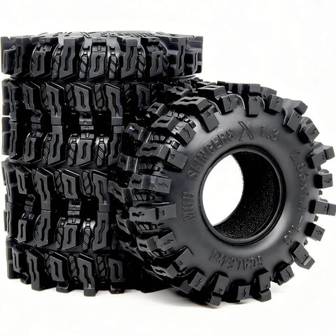 1.3 Inch RC Crawler Tires Mud Slingers X Soft Sticky Compound For 1/24 And 1/18 Scale Rigs, 72mm By 28mm, stacked view