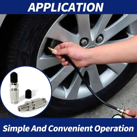 Inflation Schrader Valve With Push To Connect For One Quarter Inch OD Air Line Tubing And Air Spring Suspension On Semi Truck Trailer Tractor 2 Pack Heavy Duty Brass Fittings For Manual Inflation And Air Ride Components shown on car tire.